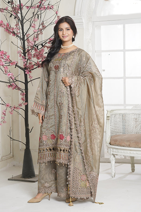 Embroidered Light Olive Green Khadi Net 3 Piece Pret