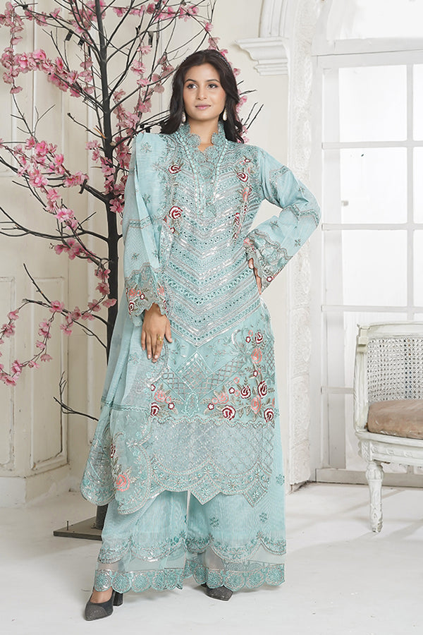 Embroidered Pestal Aqua 3 Piece Pret