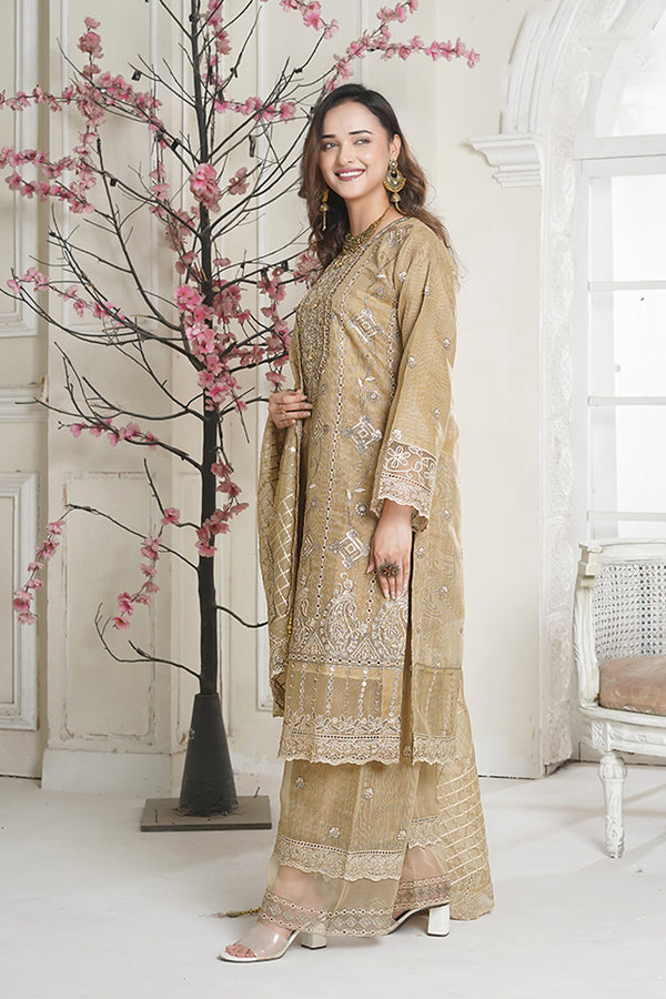 Embroidered Mustard Brown Net Slub 3 Piece Pret