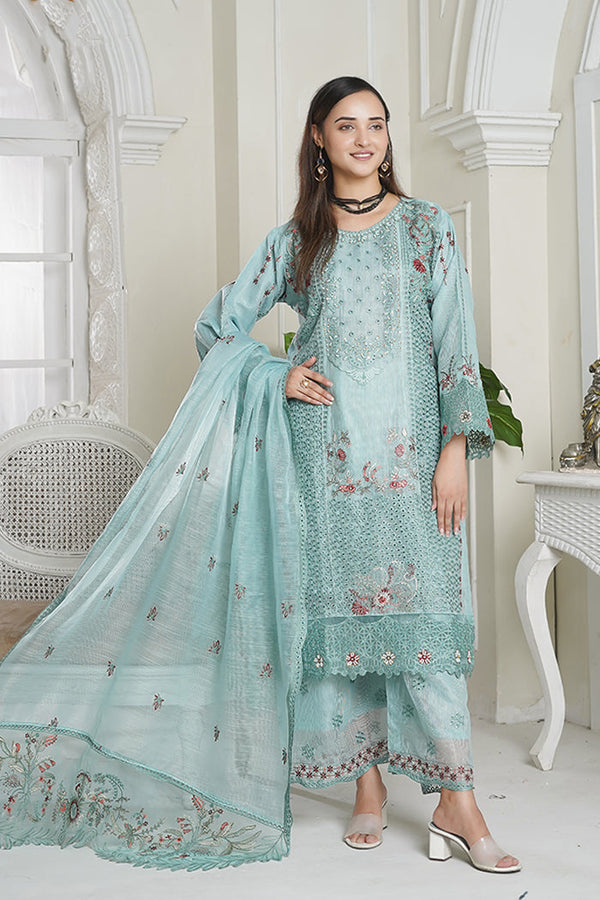 Turquoise Blue Ivory Slub 3 Piece Pret