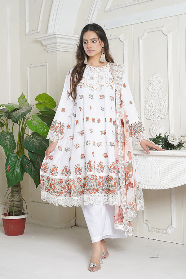 White Cros Stitched  Embroidered Chiffon Frok