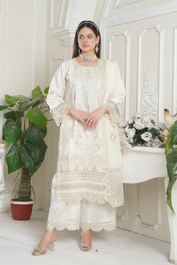 Pearl White Gloria Slub 3 Piece Pret