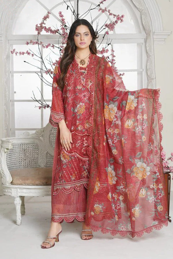 Redish Mehroon With Floral Printed 3 Piece Pret