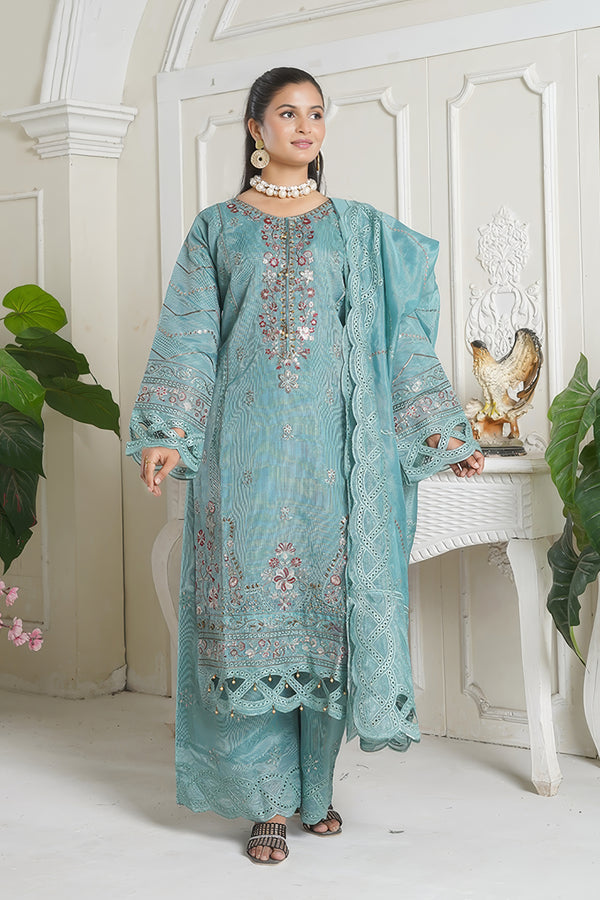 Teal Blue Khadi Net  3 Piece Pret